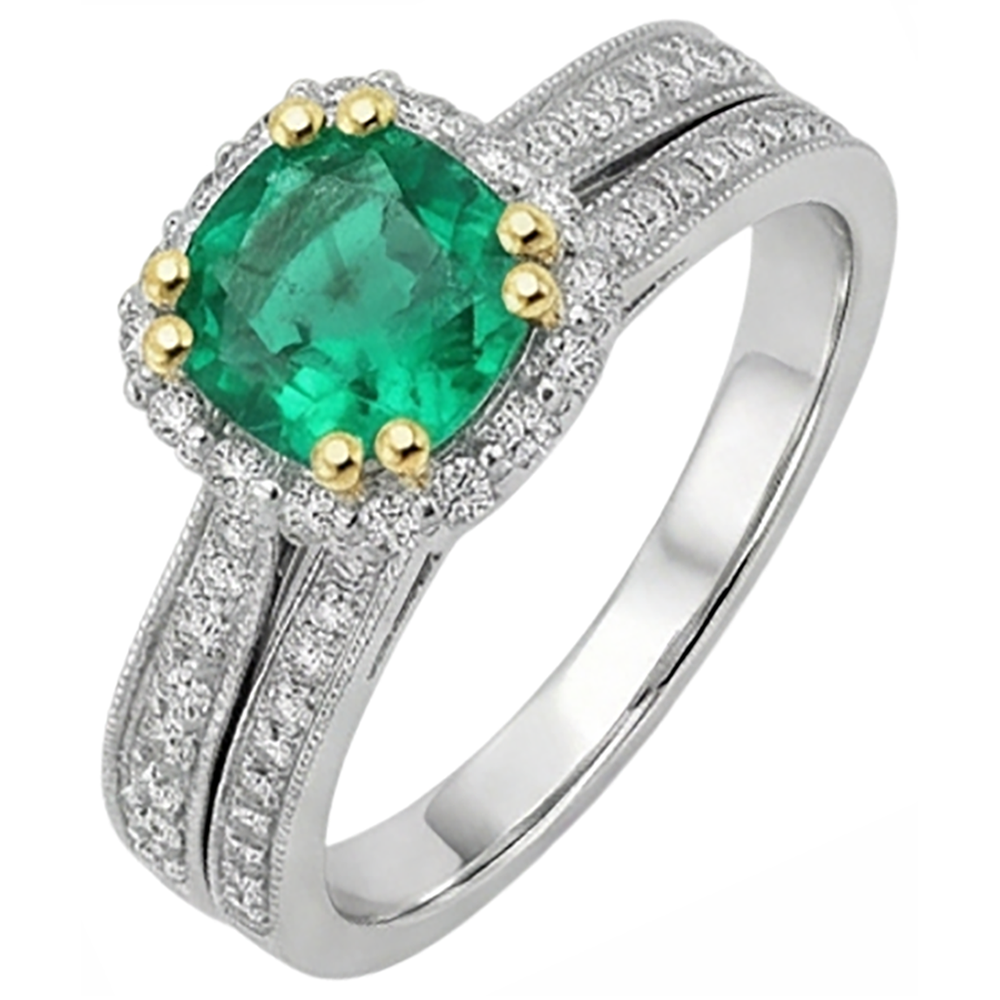 Edler Smaragd Brillantschliff Farbstein-Ring in Zweifarbiges 14K Gold – Seitenansicht