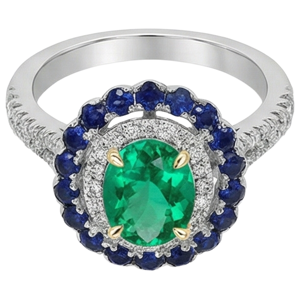 Kolumbianischer Smaragd Schmuckstein-Ring 2-Karat Bicolor 14K Gold – Frontansicht