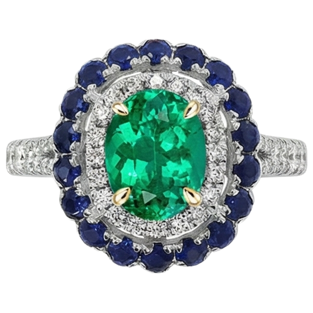 Kolumbianischer Smaragd Oval Schmuckstein-Ring in Bicolor 14K Gold – Schrägansicht