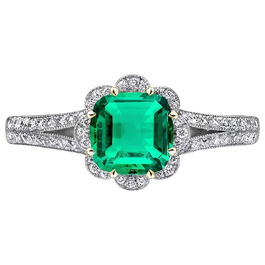 Kissen-Schliff Edler Smaragd Ring in Bicolor 14K Gold – Frontansicht
