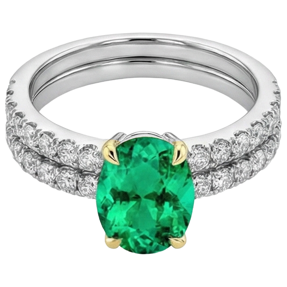 Schmuckstein-Ring Bicolor 14K Gold mit Kolumbianischer Smaragd – Schrägansicht