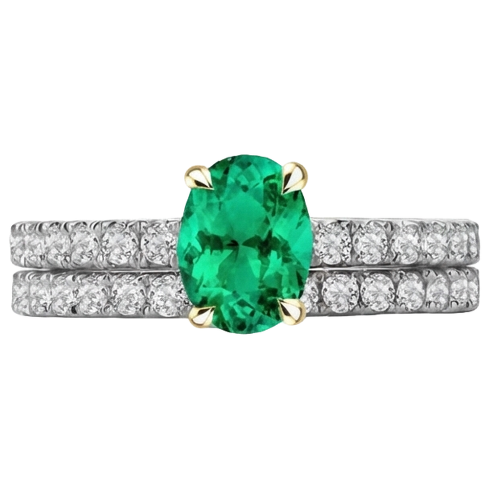 Kolumbianischer Smaragd Oval Schmuckstein-Ring in Bicolor 14K Gold – Frontansicht