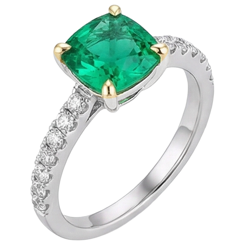 Cushion Edler Smaragd Ring in Zweifarbiges 14K Gold – Seitenansicht