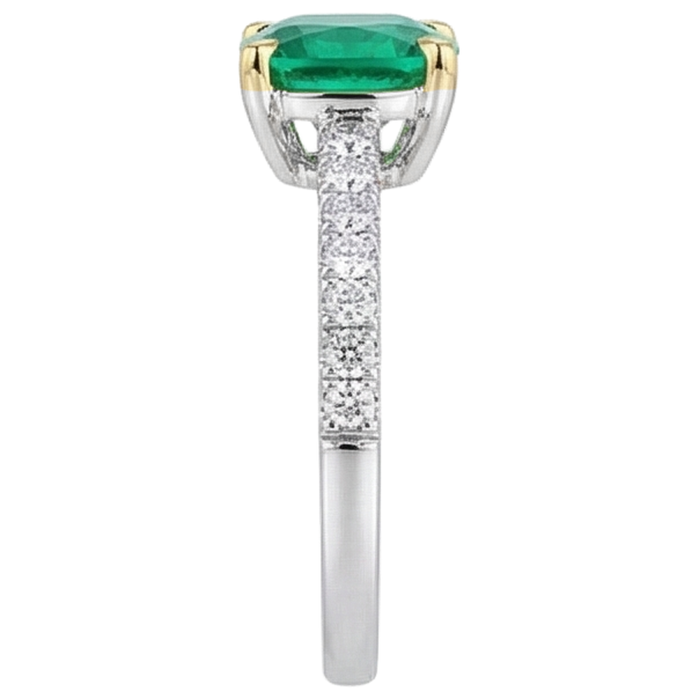 Cushion Edler Smaragd Ring in Zweifarbiges 14K Gold – Profilansicht
