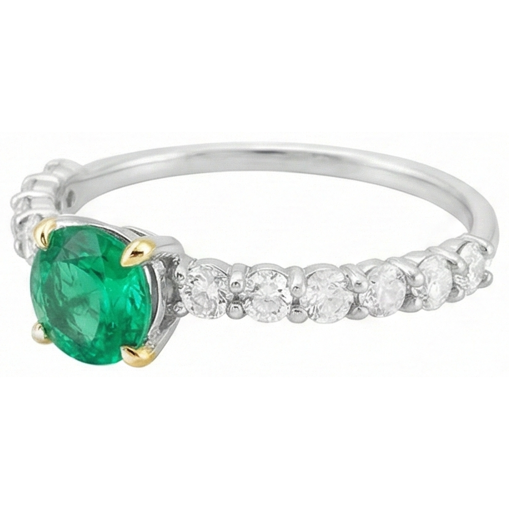 Smaragd Rund-Brillant Farbstein-Ring in Zweifarbiges 14K Gold – Schrägansicht