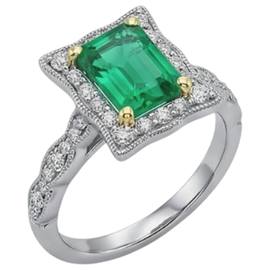 Treppen-Schliff Edler Smaragd Ring in Bicolor 14K Gold – Frontansicht