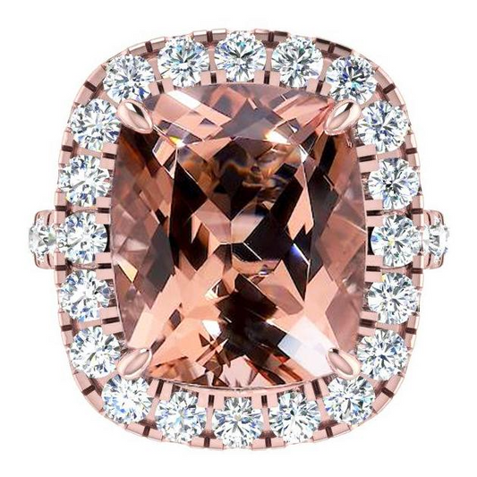 Großer Kissen Morganit 12,50 Karat Mit Diamanten Ring Rosé Gold 14K