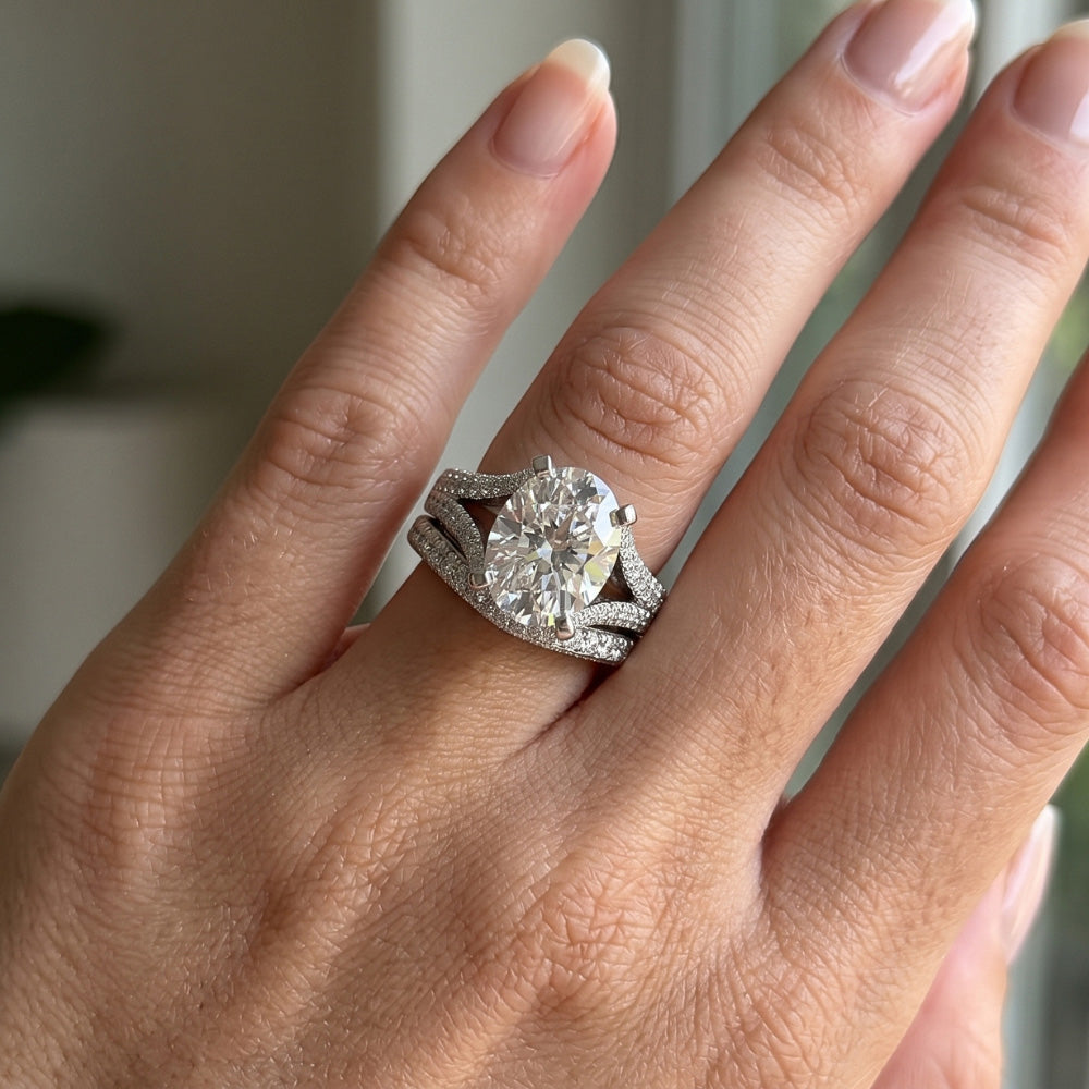 Groß Ovale Echt Aus der Erde Abgebauter Natürlicher Diamant Hochzeit Ring Und Band Set