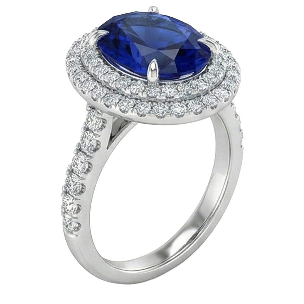 Großer ovaler Sri Lanka blauer Saphir-Aus der Erde Abgebauter Natürlicher Diamant-Ring 4,55 ct Weißgold 14K