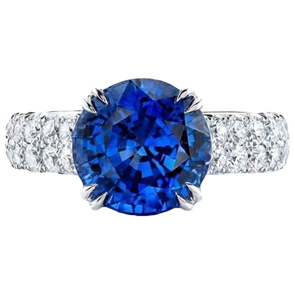 Großer runder Aus der Erde Abgebauter Natürlicher Diamantring echter blauer Saphir 6 Karat Krappenset Gold