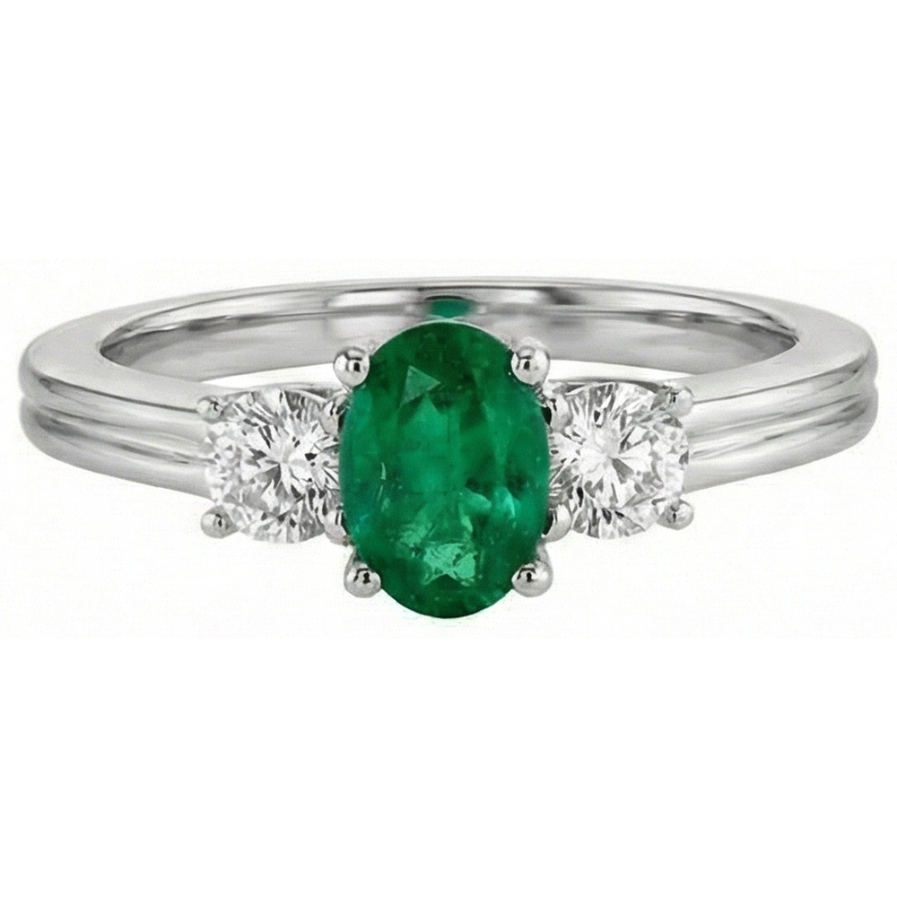 Grün Smaragd Mit Aus der Erde Abgebauter Natürlicher Diamant-Verlobungsring 3-Stein-Krappen-Set 2,50 ct. WG 14K