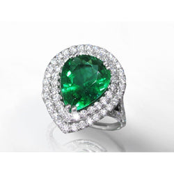 Grüner Smaragd im Birnenschliff mit rundem Diamant-Ehering 5,50 Karat Gold