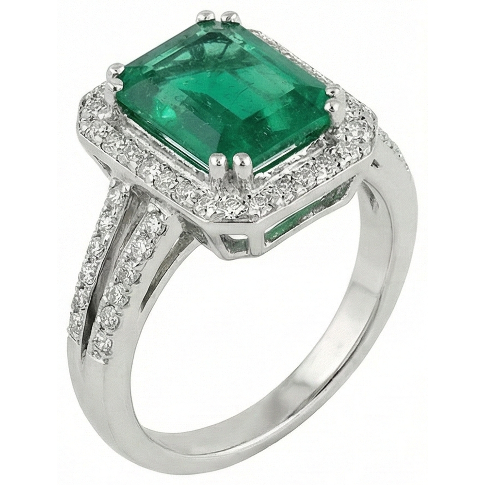 Grüner Smaragd mit Aus der Erde Abgebauter Natürlicher Diamant Ehering Weißgold 14K 8 Karat