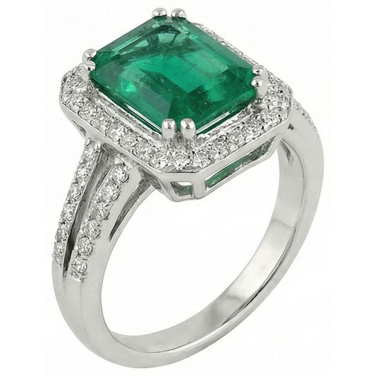 Grüner Smaragd mit Aus der Erde Abgebauter Natürlicher Diamant Ehering Weißgold 14K 8 Karat