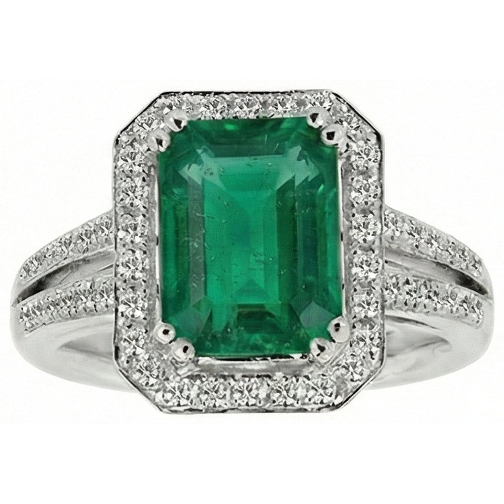Grüner Smaragd mit Aus der Erde Abgebauter Natürlicher Diamant Ehering Weißgold 14K 8 Karat