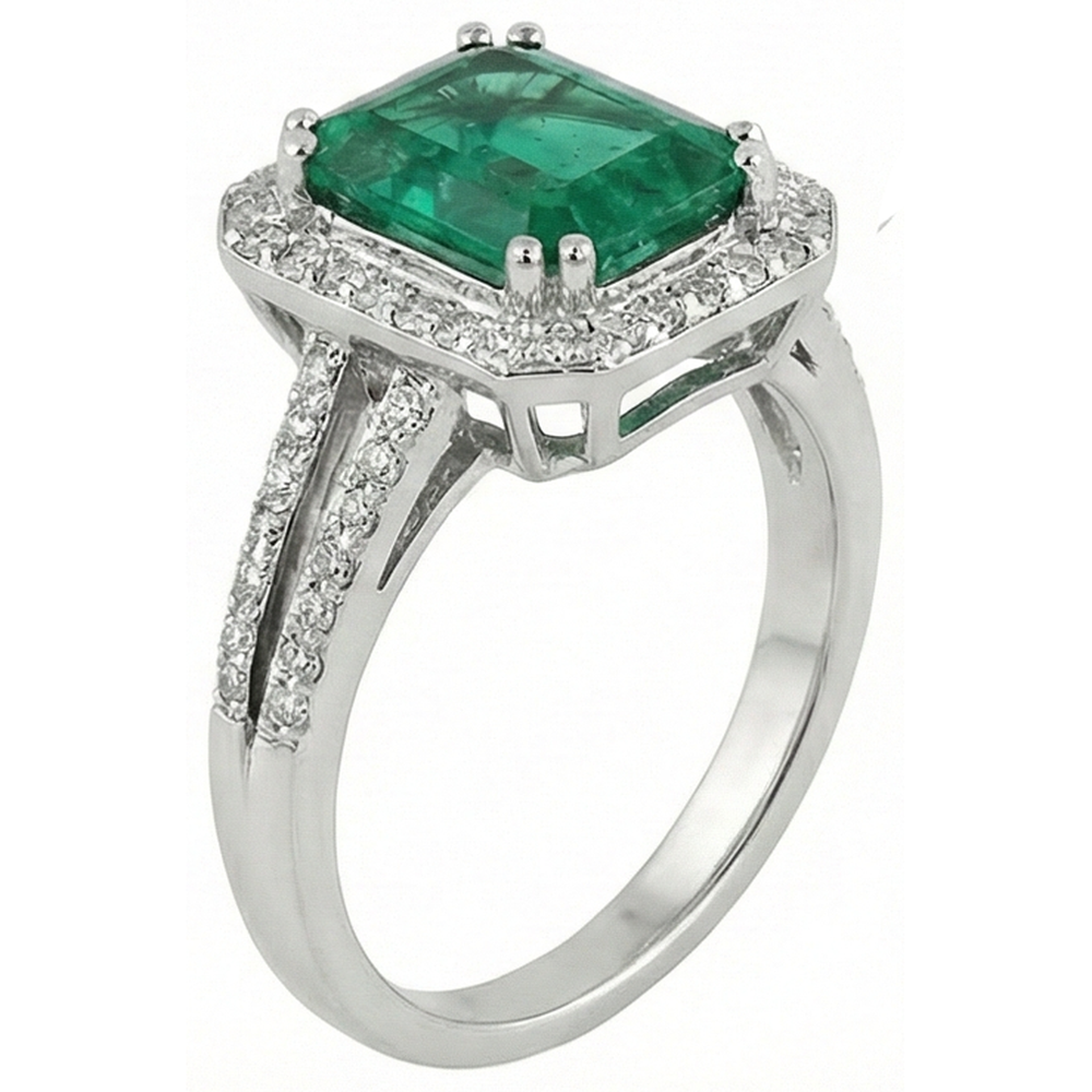 Grüner Smaragd mit Aus der Erde Abgebauter Natürlicher Diamant Ehering Weißgold 14K 8 Karat
