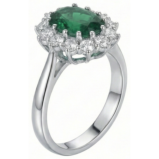 Grüner Smaragd mit Aus der Erde Abgebauter Natürlicher Diamanten Verlobungsring 3,50 Karat Weißgold 14K