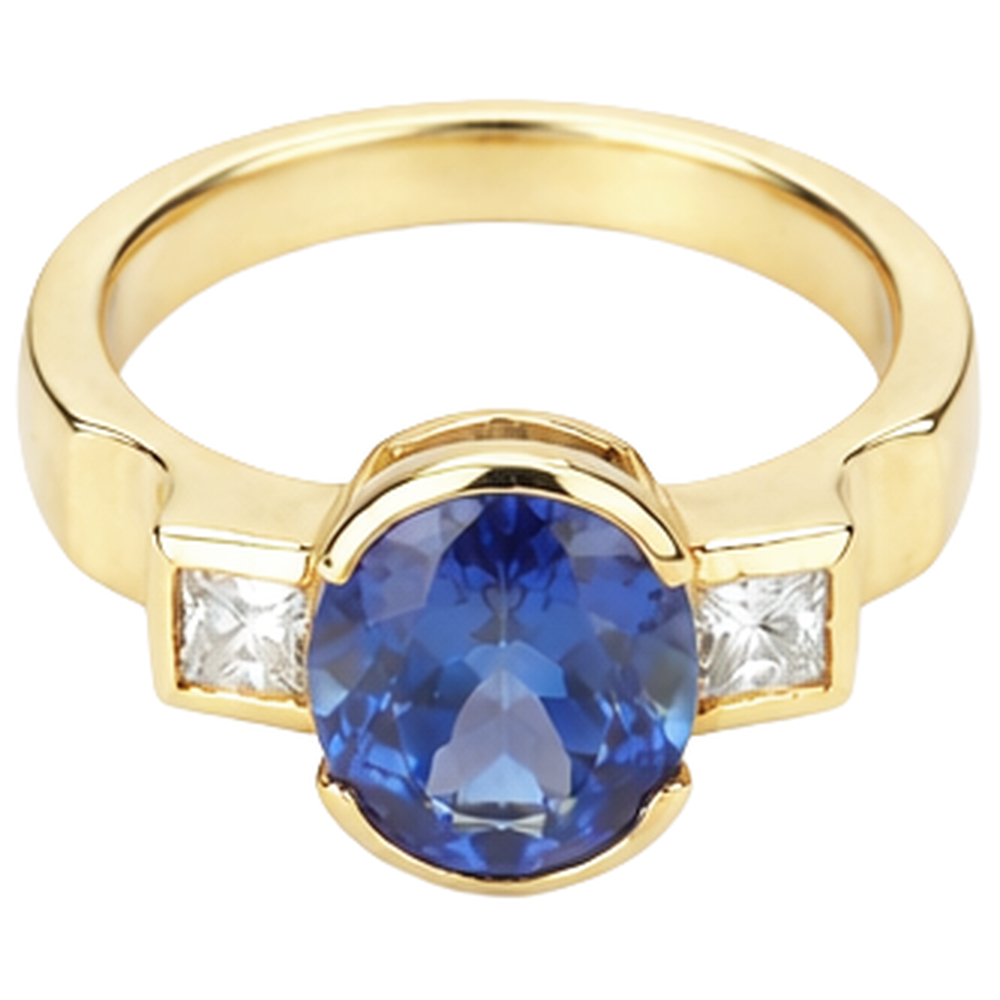 Halblünette 2,10 Karat Tansanit und Aus der Erde Abgebauter Natürlicher Diamanten 3-Stein Ring Edelstein