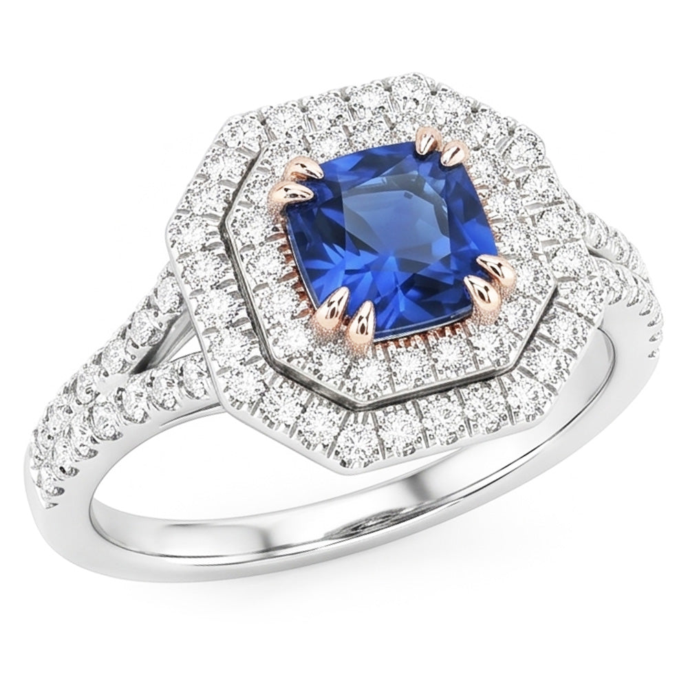 Halo Aus der Erde Abgebauter Natürlicher Diamant Saphir Ring Strahlend Schliff Gold Split Shank 3.50 Karat