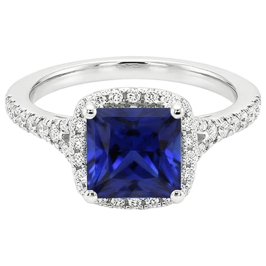 Halo Aus der Erde Abgebauter Natürlicher Diamant & Blauer Saphir Ring mit Akzenten V geteilter Schaft 6 Karat