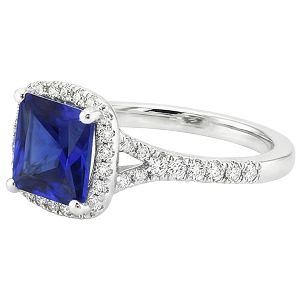 Halo Aus der Erde Abgebauter Natürlicher Diamant & Blauer Saphir Ring mit Akzenten V geteilter Schaft 6 Karat