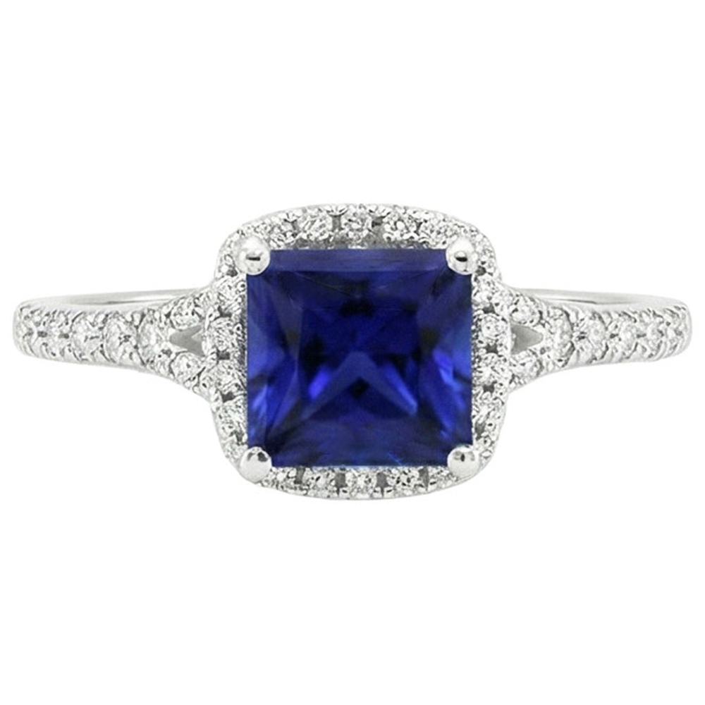 Halo Aus der Erde Abgebauter Natürlicher Diamant & Blauer Saphir Ring mit Akzenten V geteilter Schaft 6 Karat