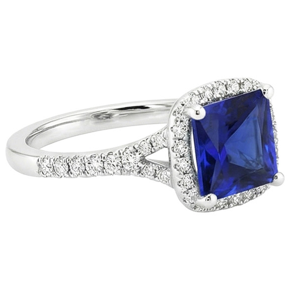 Halo Aus der Erde Abgebauter Natürlicher Diamant & Blauer Saphir Ring mit Akzenten V geteilter Schaft 6 Karat