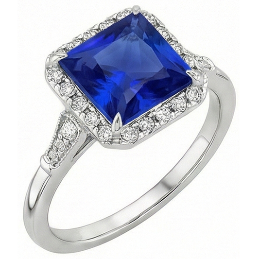 Halo Aus der Erde Abgebauter Natürlicher Diamant & Ceylon Saphir Ring im antiken Stil Weißgold 6 Karat