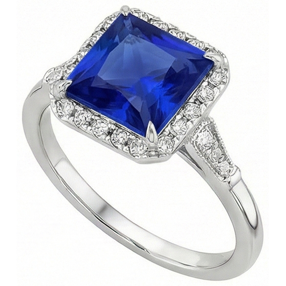 Halo Aus der Erde Abgebauter Natürlicher Diamant & Ceylon Saphir Ring im antiken Stil Weißgold 6 Karat