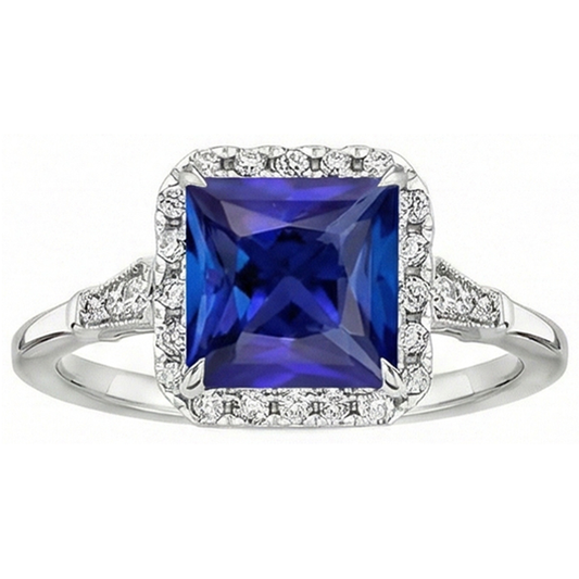 Halo Aus der Erde Abgebauter Natürlicher Diamant & Ceylon Saphir Ring im antiken Stil Weißgold 6 Karat