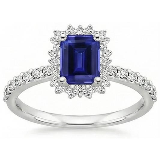 Halo-Aus der Erde Abgebauter Natürlicher Diamant- und Saphir-Verlobungsring