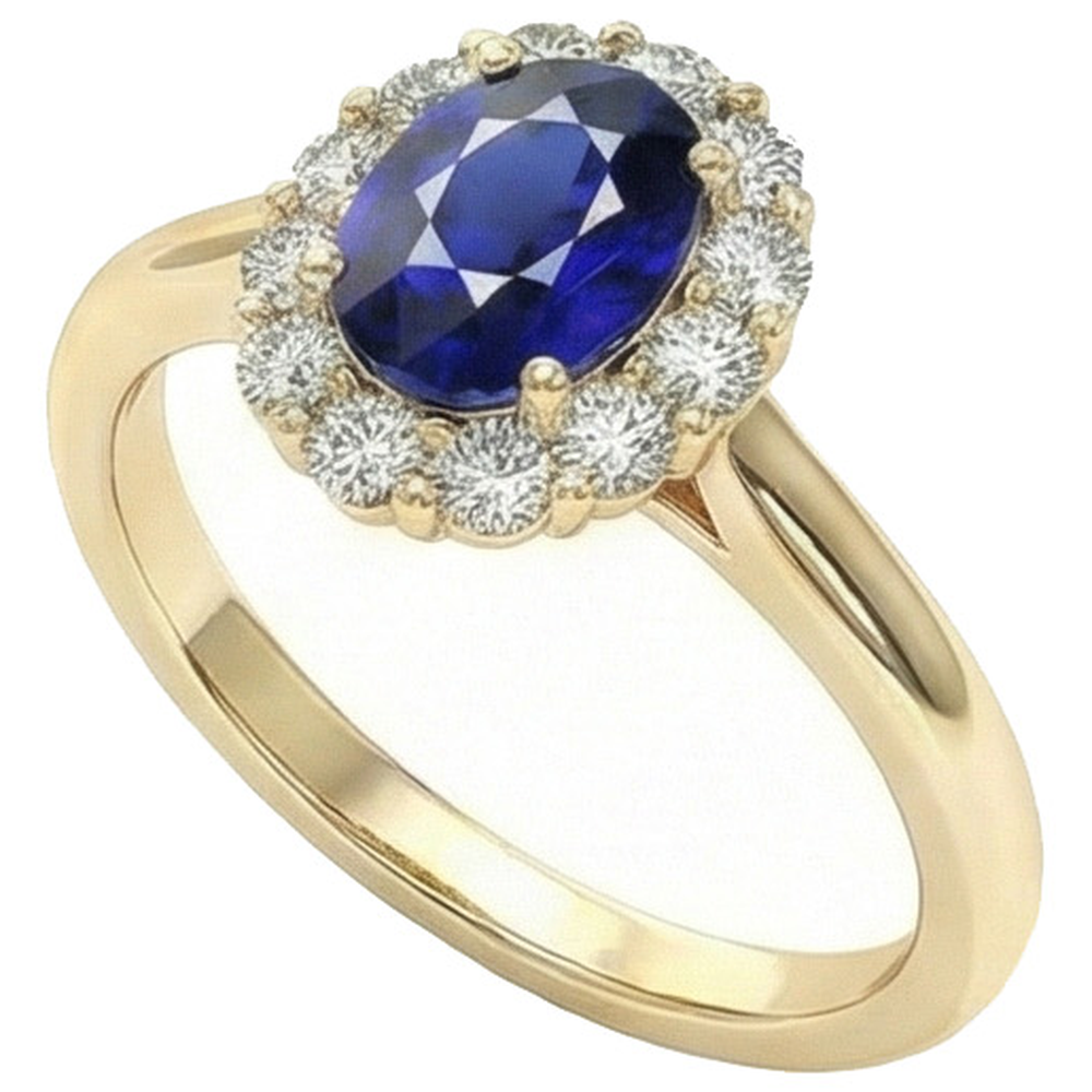 Halo Aus der Erde Abgebauter Natürlicher Diamantring Gelbgold Oval Ceylon Saphir 5,25 Karat