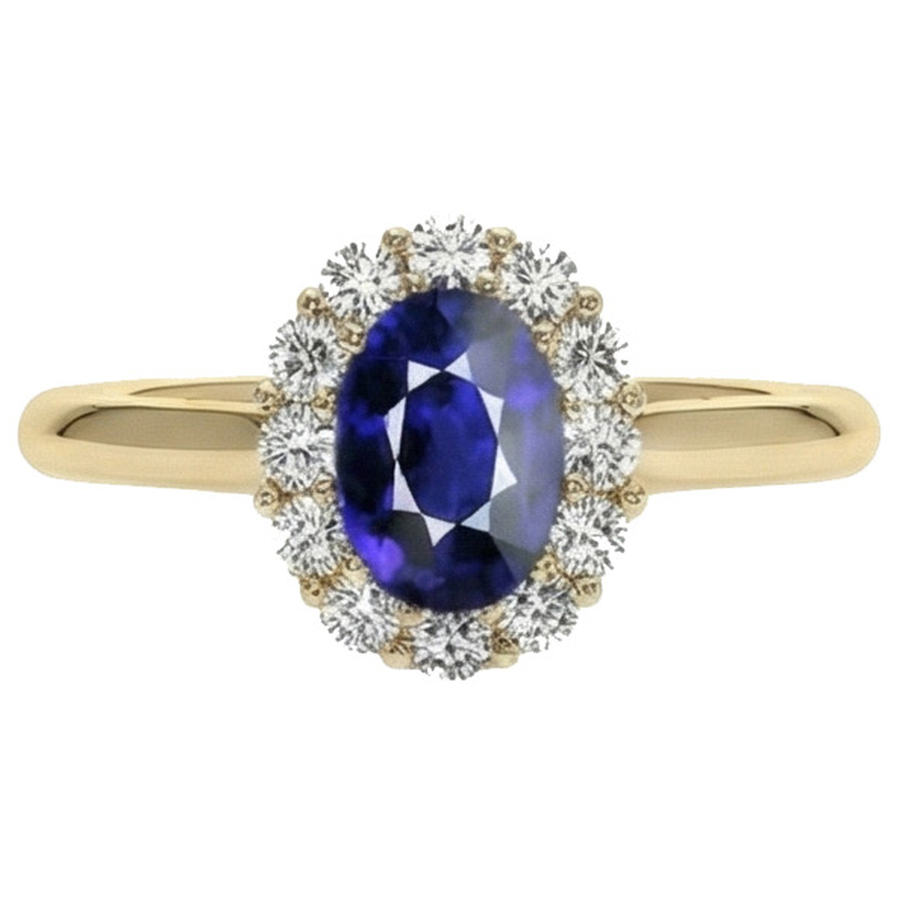 Halo Aus der Erde Abgebauter Natürlicher Diamantring Gelbgold Oval Ceylon Saphir 5,25 Karat