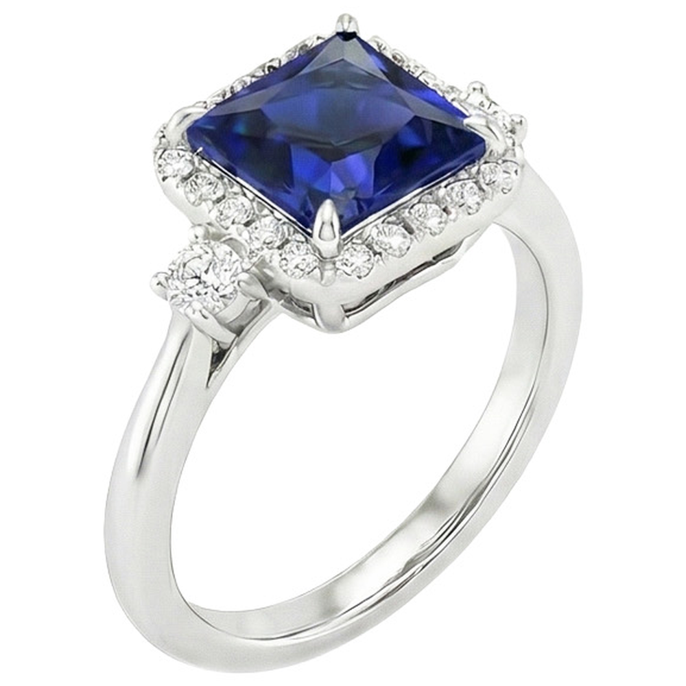 Halo Aus der Erde Abgebauter Natürlicher Diamantring Princess Blue Sapphire Center 6 Karat Weißgold