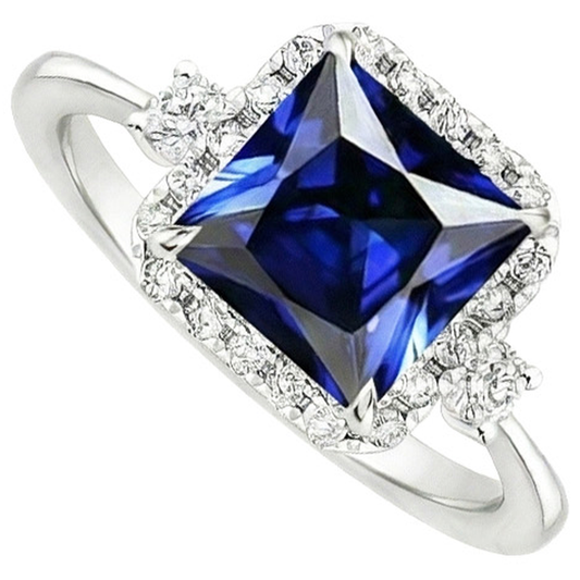 Halo Aus der Erde Abgebauter Natürlicher Diamantring Princess Blue Sapphire Center 6 Karat Weißgold