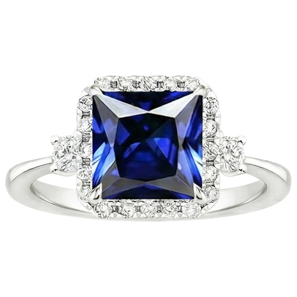 Halo Aus der Erde Abgebauter Natürlicher Diamantring Princess Blue Sapphire Center 6 Karat Weißgold