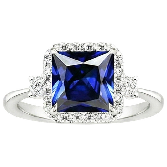 Halo Aus der Erde Abgebauter Natürlicher Diamantring Princess Blue Sapphire Center 6 Karat Weißgold