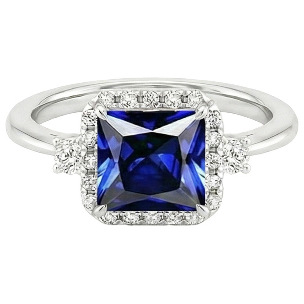 Halo Aus der Erde Abgebauter Natürlicher Diamantring Princess Blue Sapphire Center 6 Karat Weißgold