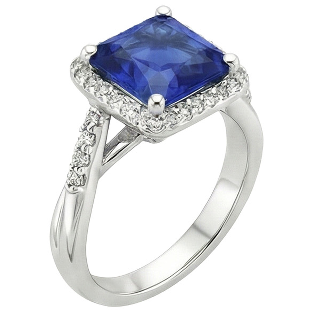 Halo Aus der Erde Abgebauter Natürlicher Diamantring Quadratische Form Ceylon Blue Sapphire Center 4 Karat