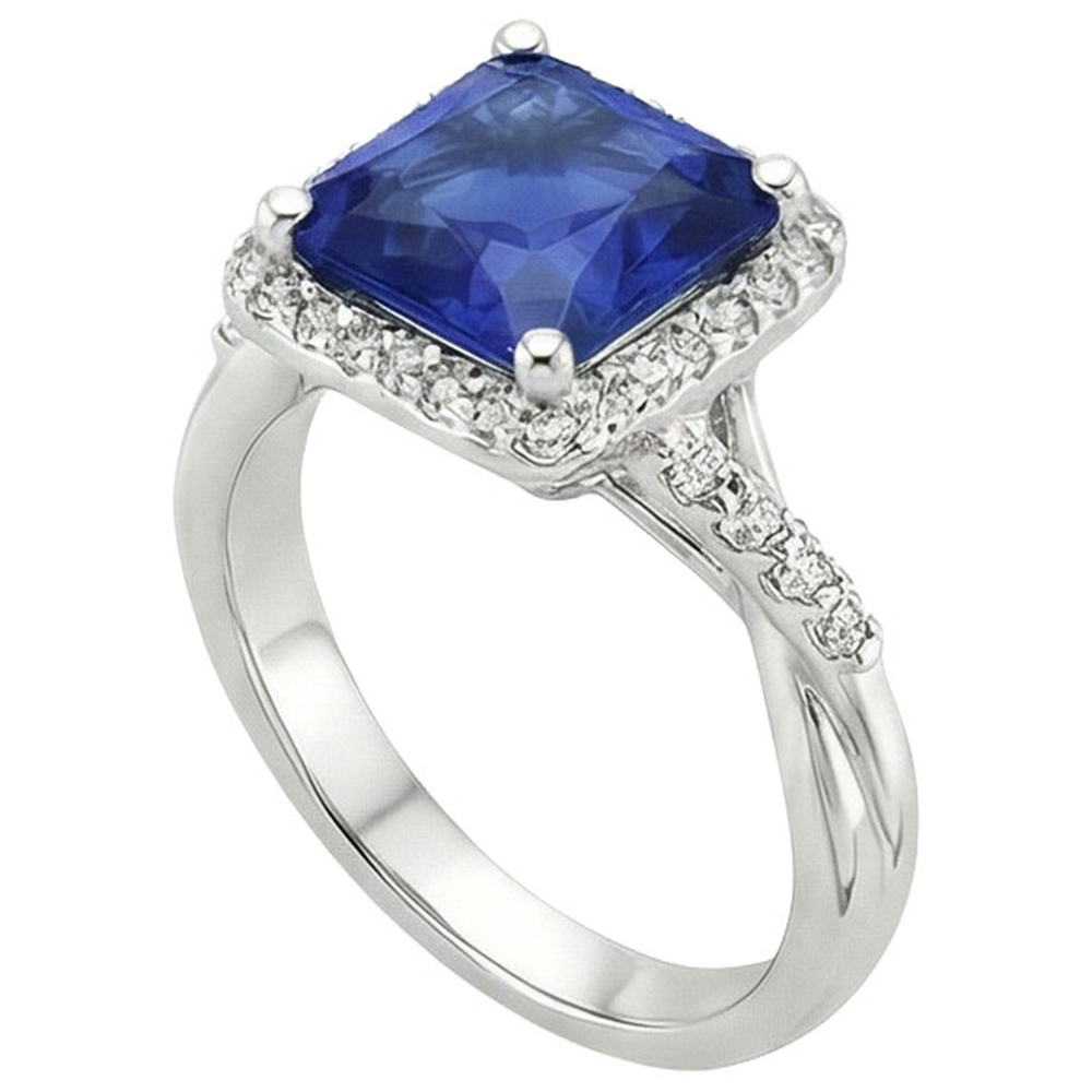 Halo Aus der Erde Abgebauter Natürlicher Diamantring Quadratische Form Ceylon Blue Sapphire Center 4 Karat