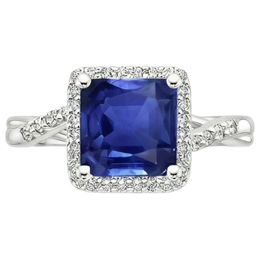 Halo Aus der Erde Abgebauter Natürlicher Diamantring Quadratische Form Ceylon Blue Sapphire Center 4 Karat