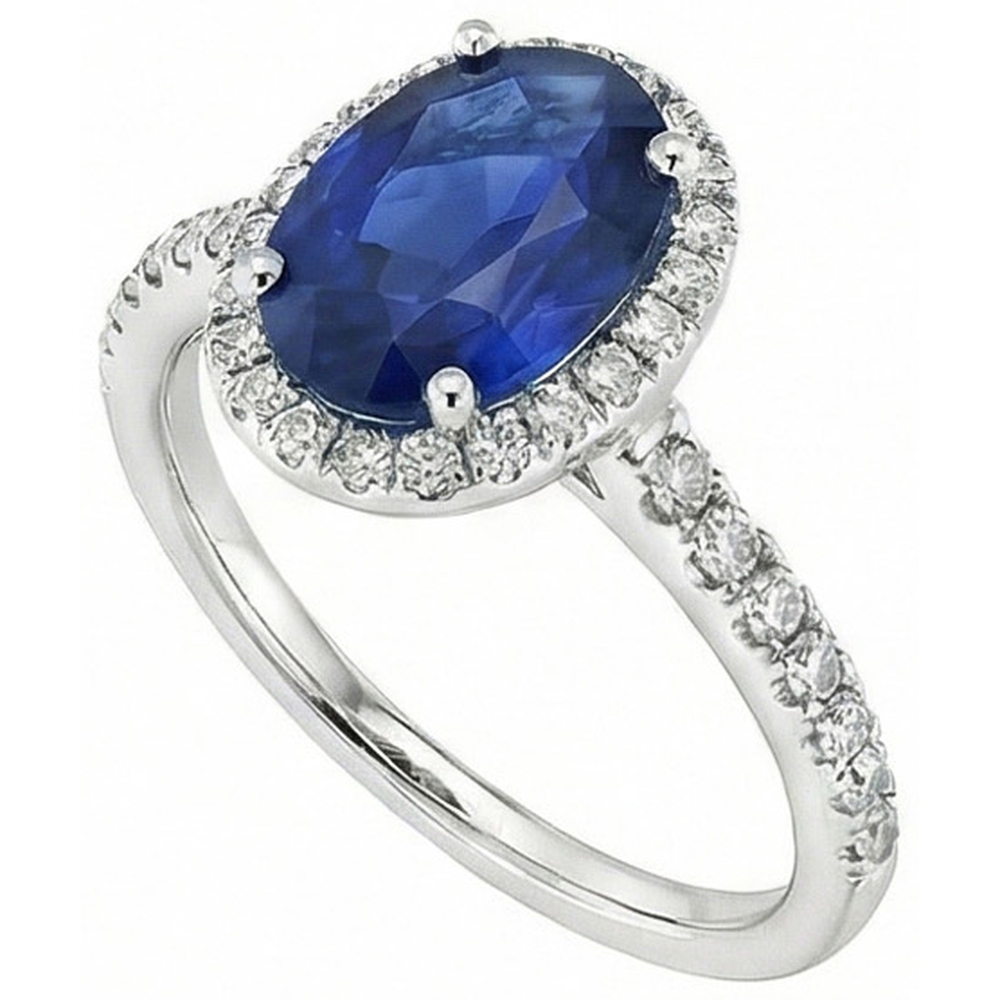 Halo Blue Saphir und Aus der Erde Abgebauter Natürlicher Diamant Verlobungsring 2.25 Karat Gold 14K