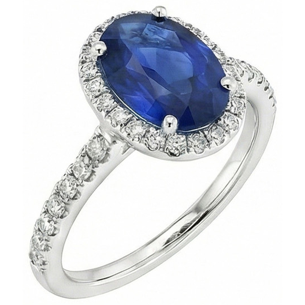 Halo Blue Saphir und Aus der Erde Abgebauter Natürlicher Diamant Verlobungsring 2.25 Karat Gold 14K