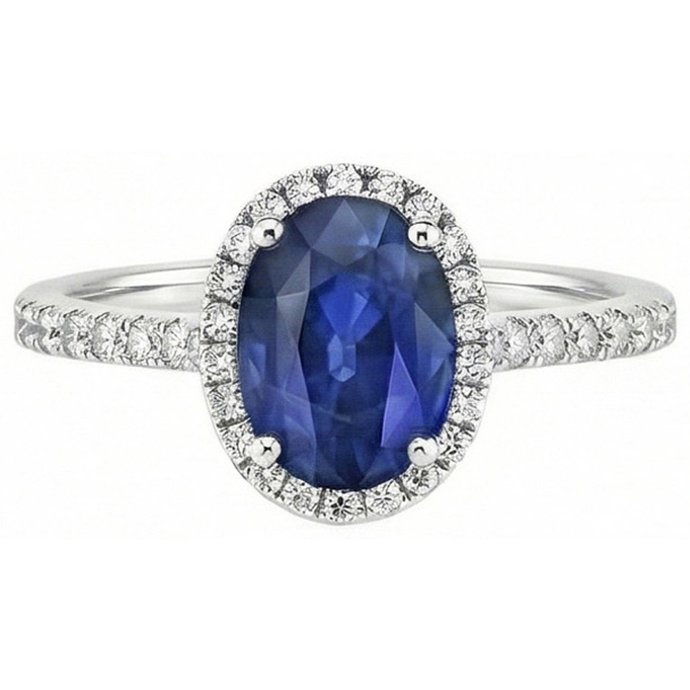 Halo Blue Saphir und Aus der Erde Abgebauter Natürlicher Diamant Verlobungsring 2.25 Karat Gold 14K