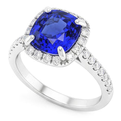 Halo Cushion Ceylon Saphirring mit Akzenten Natürlicher Diamant ( nicht im Labor gezüchtet ) 3,50 Karat