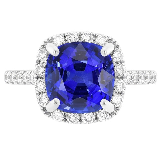 Halo Cushion Ceylon Saphirring mit Akzenten Natürlicher Diamant ( nicht im Labor gezüchtet ) 3,50 Karat