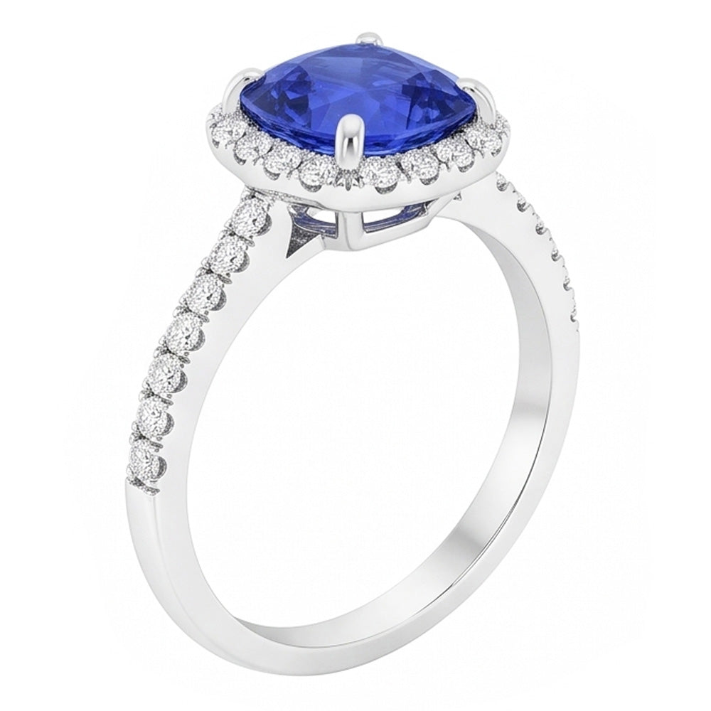 Halo Cushion Ceylon Saphirring mit Akzenten Natürlicher Diamant ( nicht im Labor gezüchtet ) 3,50 Karat