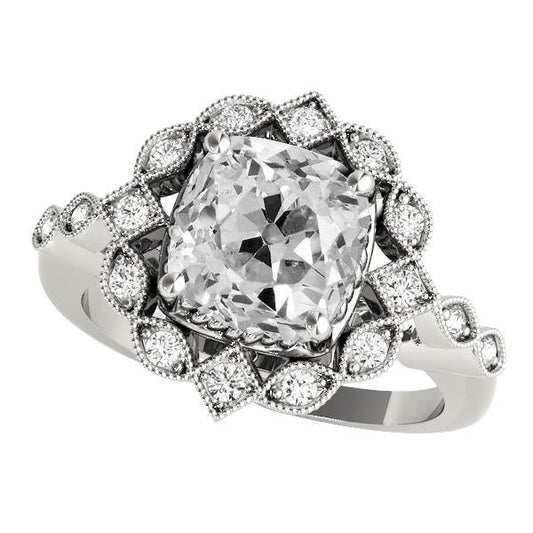 Halo Cushion Old Cut Echt Diamant Ring Flower Style 8.50 Karat Milgrain