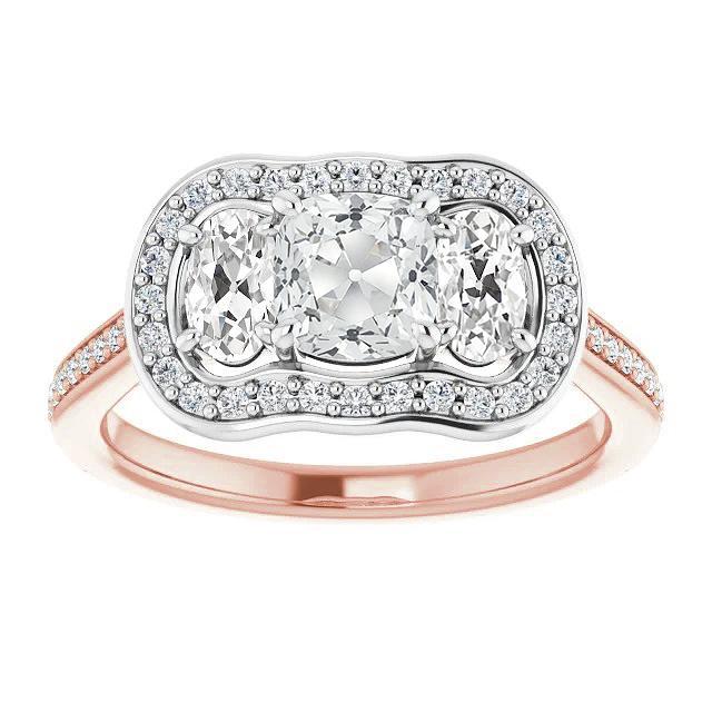 Halo Cushion & Oval Old Cut Echt Diamant 3 Stone Style Ring 10.75 Karat