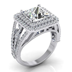 Halo-Diamant-Verlobungsring, 6 Karat, geteilter Schaft, echtes 14-karätiges Weißgold